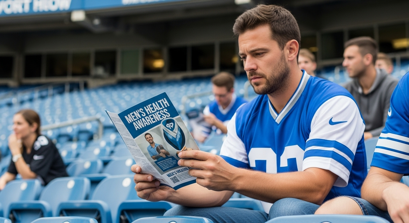 Kibic na trybunach z ulotką o zdrowiu mężczyzn